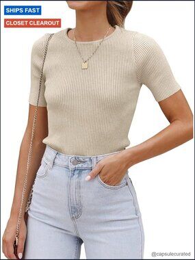 Short Sleeve Crewneck Ribbed Knit Slim Fit T Shirt